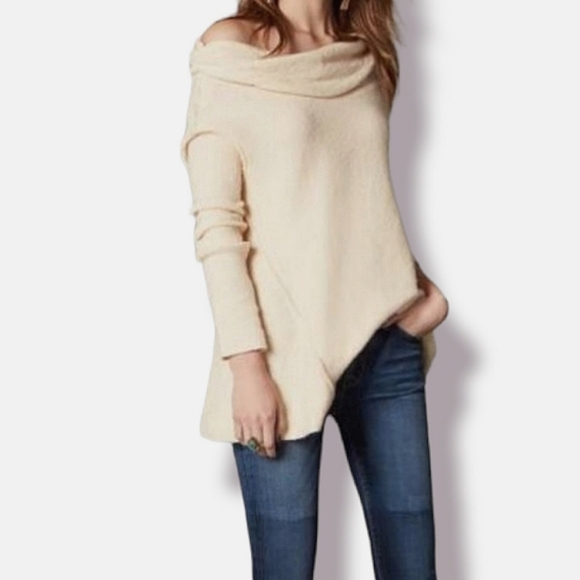Free People Strawberry Fields Cream Cowl Neck Lagenlook Sweater - Picture 2 of 9